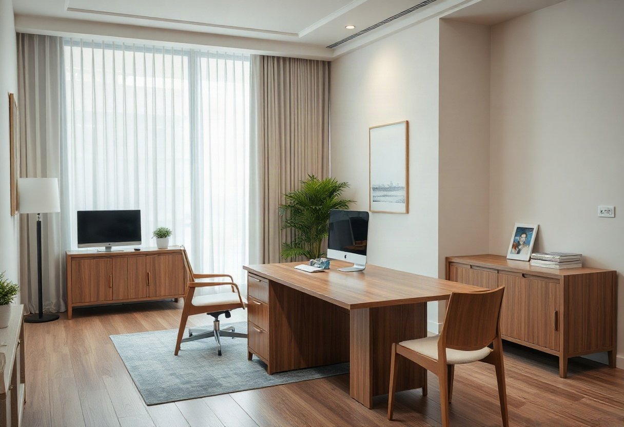 Văn phòng với bàn làm việc gỗ sồi